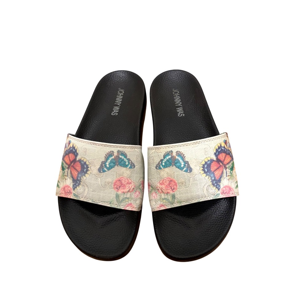 Johnny Was Butterfly Floral Print Slide Sandals Black Cream Womens 7-7.5